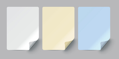 Set of realistic sheets of paper with three colors on transparent background.