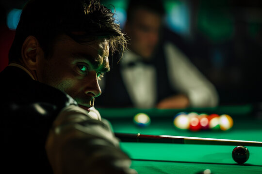 Concentrated professional snooker billiards player in match day, Generative AI photo