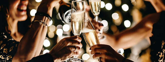 Close-up of friends clinking champagne glasses in a festive setting, capturing the joy and celebration. the sparkling background and elegant flutes highlight the festive ambiance and camaraderie.