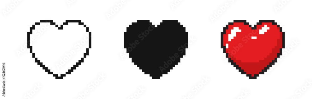 Poster heart pixel style vector set. hearts in a pixelated style