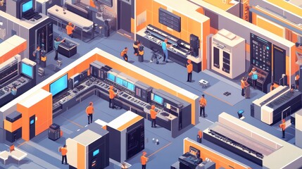 Obraz premium Modern Technology Workshop with Workers and Equipment