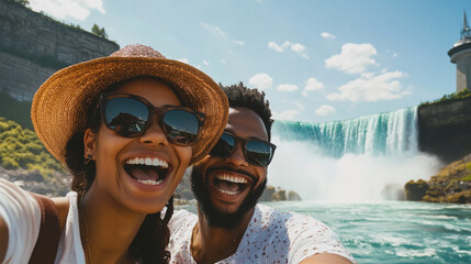 Tourists taking selfie while visiting Niagara Falls