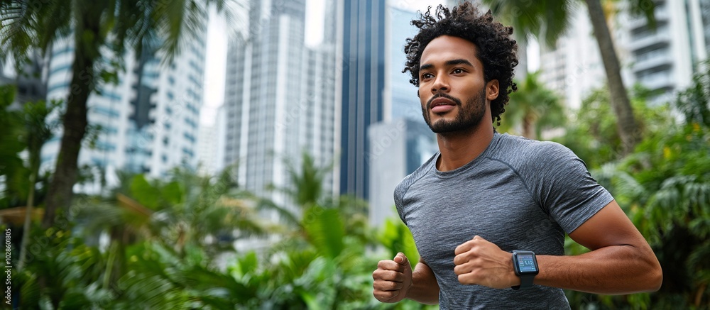 Poster man using a wearable fitness tracker while jogging in a modern city park surrounded by skyscrapers s