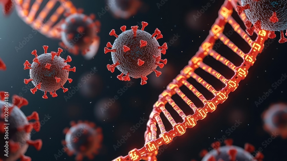 Poster 3d graphical representation of dna and virus particles in dark backdrop.