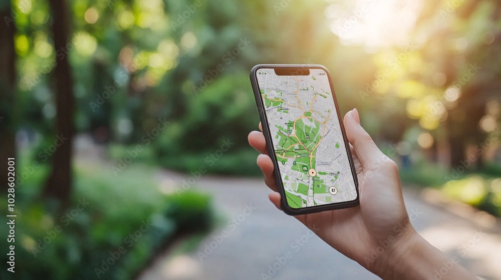 Aufkleber digital map of an urban area displayed on a smartphone, guiding a person using a ride-hailing servic