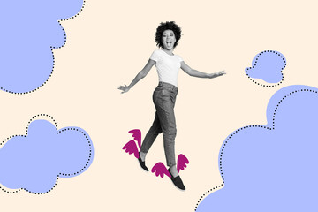 Creative image collage young girl dream accomplishment flight legs wings clouds sky high environment imagination fantasy