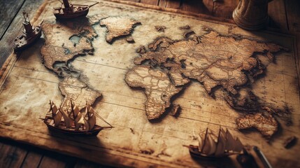 Vintage World Map with Ships on Rustic Background