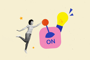 Composite photo collage of happy american girl push button switch on light bulb energy illumination...