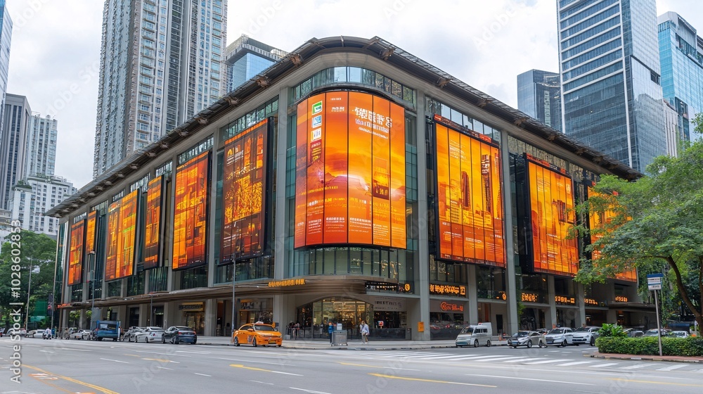 Poster Large digital billboards and interactive screens displaying real-time information in a modern cityscape Stock Photo with side copy space