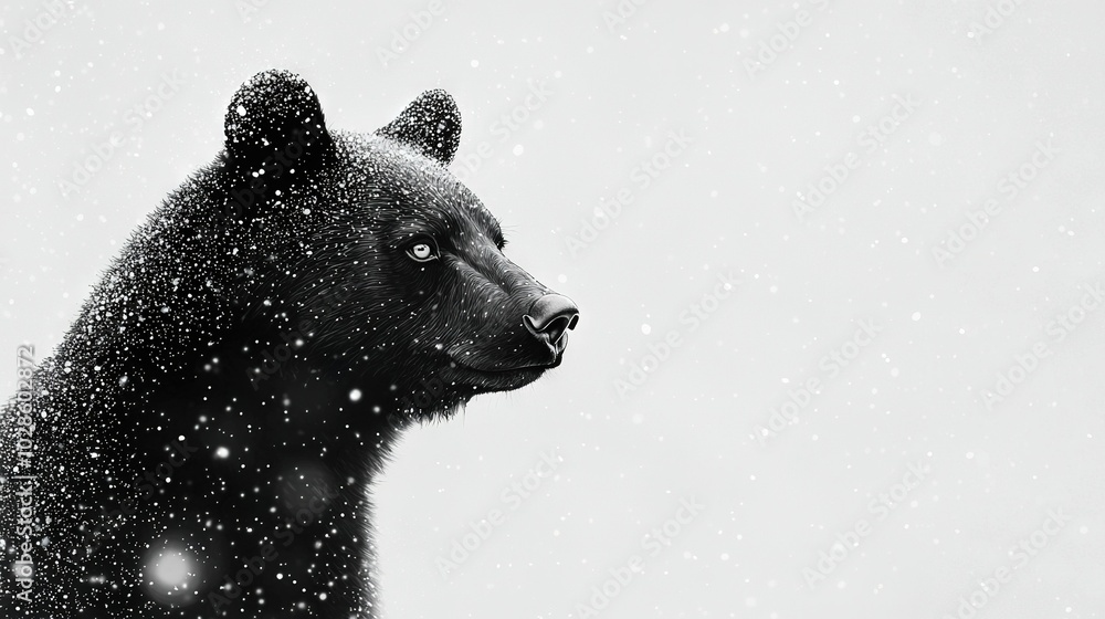 Sticker   A black bear standing in snow with snowflakes on its face against a black and white background