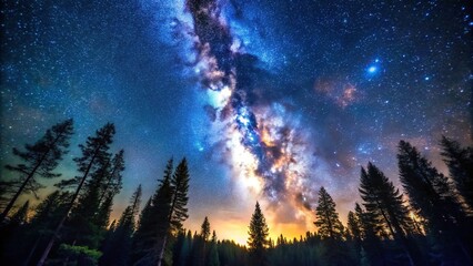 Night sky with Milky Way over the forest at eye level