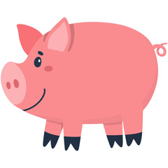 Hand drawn pink pig cartoon illustration 