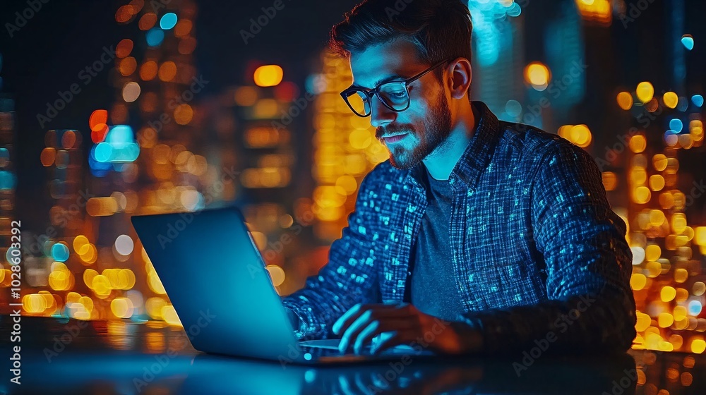 Poster Tech-savvy remote worker using a laptop and smart devices in a high-rise building with a city view Stock Photo with side copy space