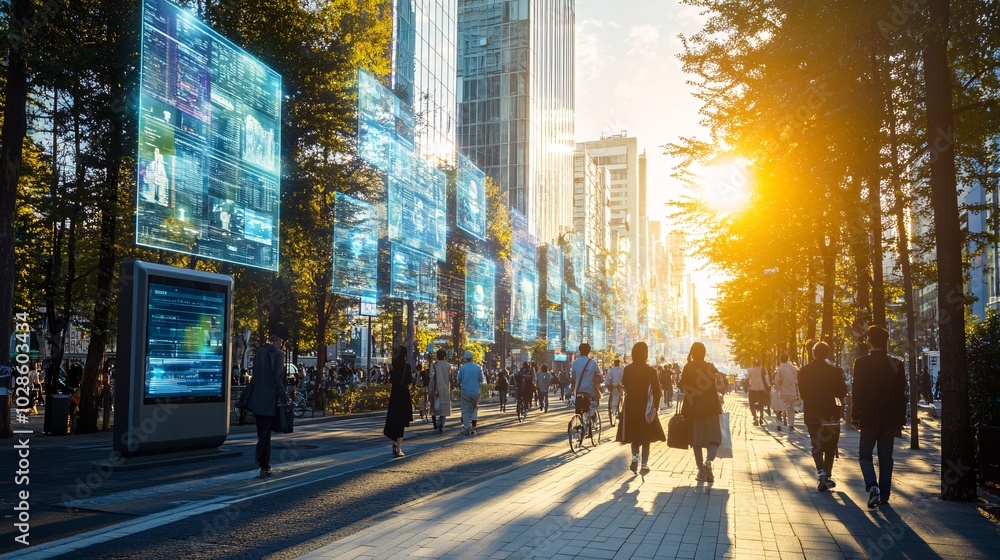 Aufkleber urban commuters interacting with digital kiosks and smart city infrastructure for information and se