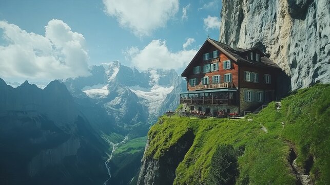 The Swiss Alps and a mountain restaurant nestled beneath the Aescher cliff, as seen from Mount Ebenalp in the Appenzell region of Switzerland.