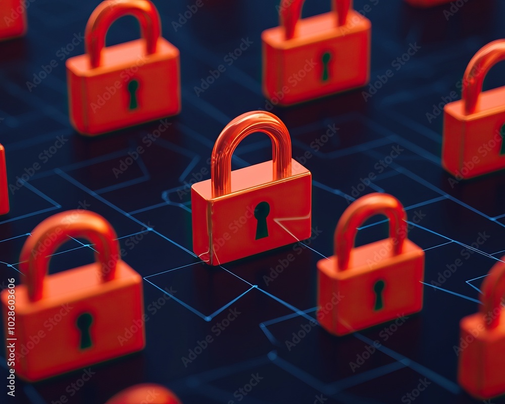 Poster a collection of red padlocks on a digital background, symbolizing security and privacy in the digita