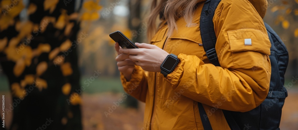 Poster person tracking daily steps and health metrics through a fitness app while walking in a tech-driven 