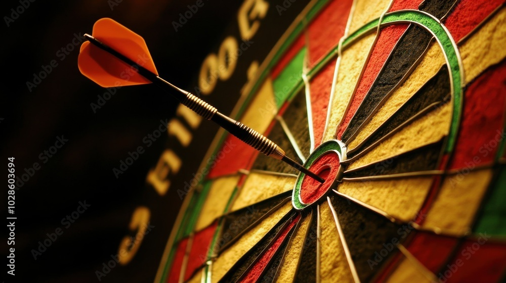 Poster a close-up of a dart hitting the bullseye, the surrounding colorful dartboard in focus, representing