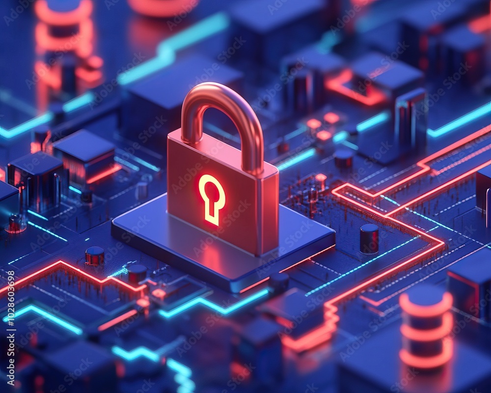 Poster a digital lock symbolizing cybersecurity on a high-tech circuit board background.