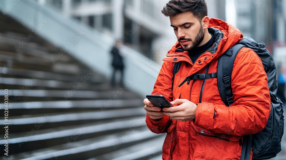 Poster urban residents controlling smart locks and security cameras remotely from their smartphones stock p