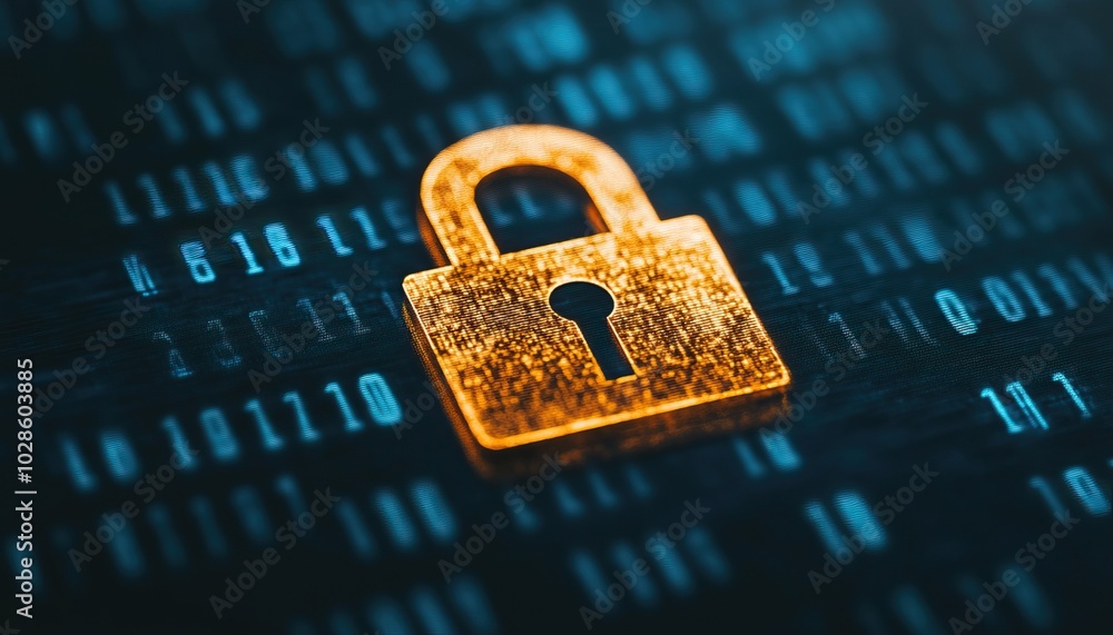 Poster a golden padlock on a digital background representing security and data protection.