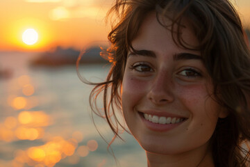 Photo of smiling young woman walking on a pier overlooking the ocean generative AI