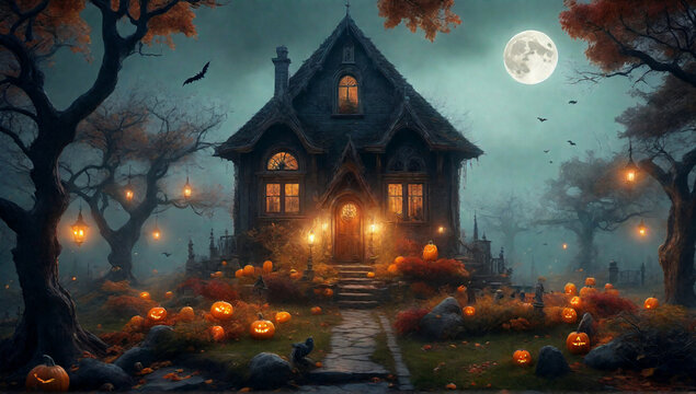 Night house with garden decorated for Halloween
