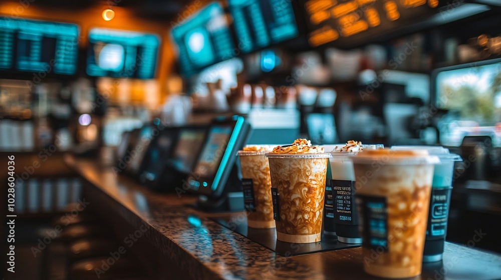 Aufkleber Digital menu boards and automated kiosks serving customers in a tech-driven urban restaurant Stock Photo with side copy space