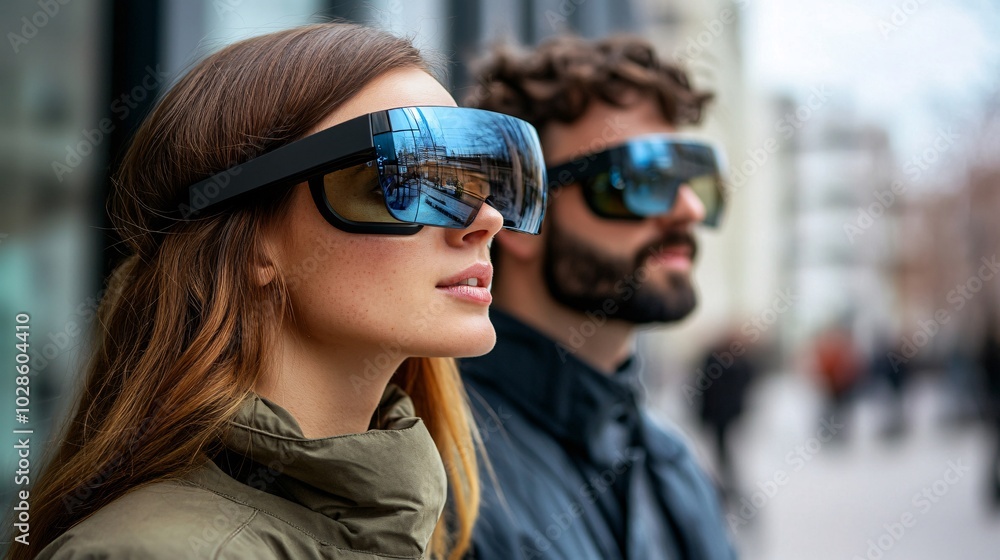 Poster people in a tech-savvy office building using augmented reality glasses to collaborate on projects st