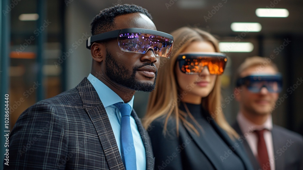 Poster people in a tech-savvy office building using augmented reality glasses to collaborate on projects st