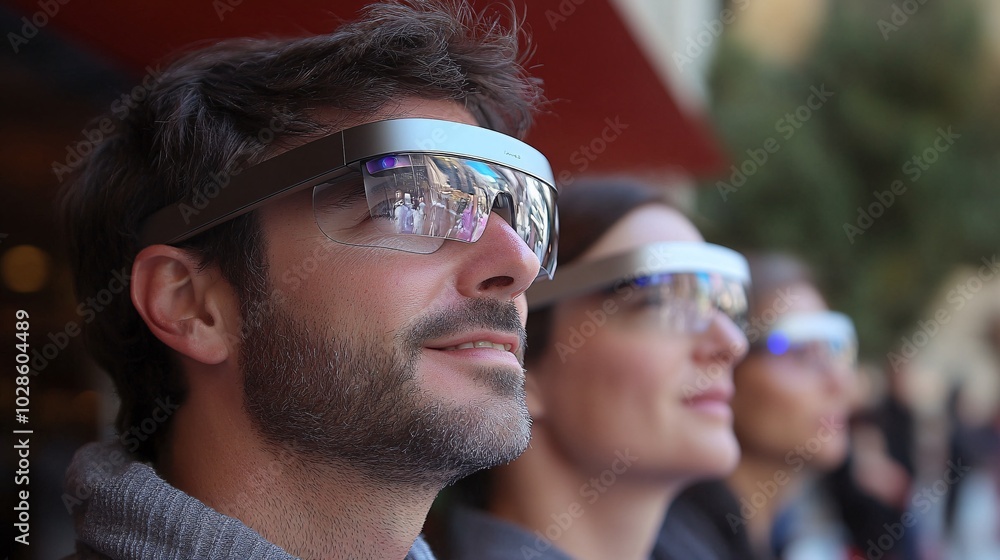 Aufkleber people in a tech-savvy office building using augmented reality glasses to collaborate on projects st