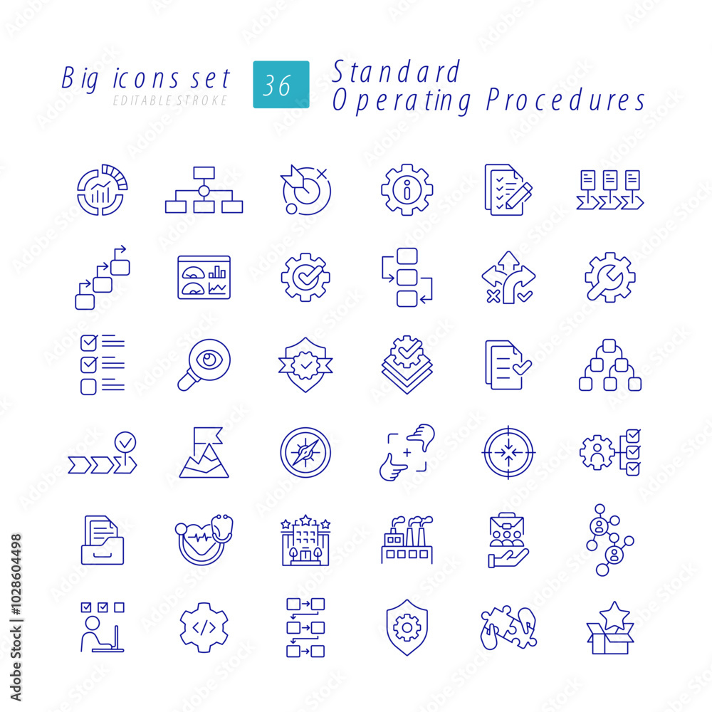 Poster standard operating procedures linear icons set. task management, workflow guidelines. hierarchy stru
