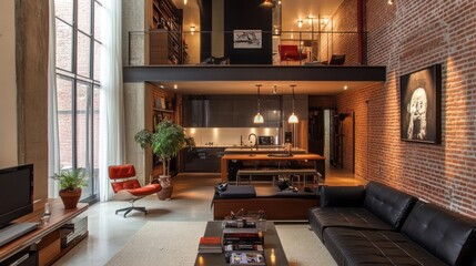 Modern Loft Living Room with Exposed Brick Walls and a Sleek Kitchen