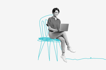 Composite photo collage of happy girl freelancer sit drawing stool type laptop distance work professional isolated on painted background