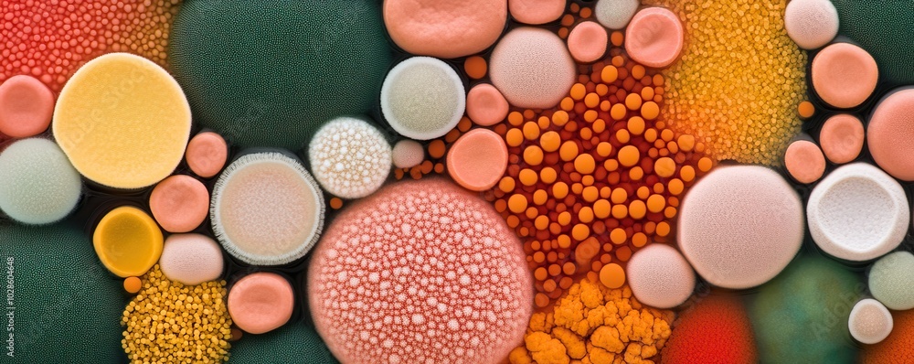 Poster abstract composition of colorful cells on a textured surface, showcasing biological diversity and mi
