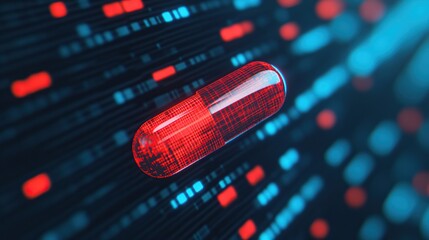 A vibrant red capsule floating in a digital world, representing technology and health.