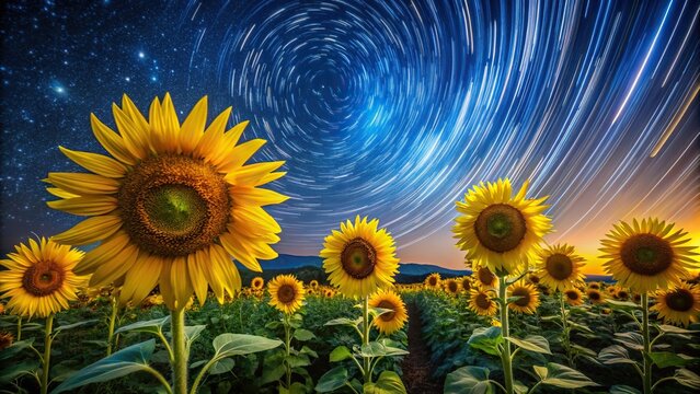 Night sky with startrails background reflecting on sunflowers
