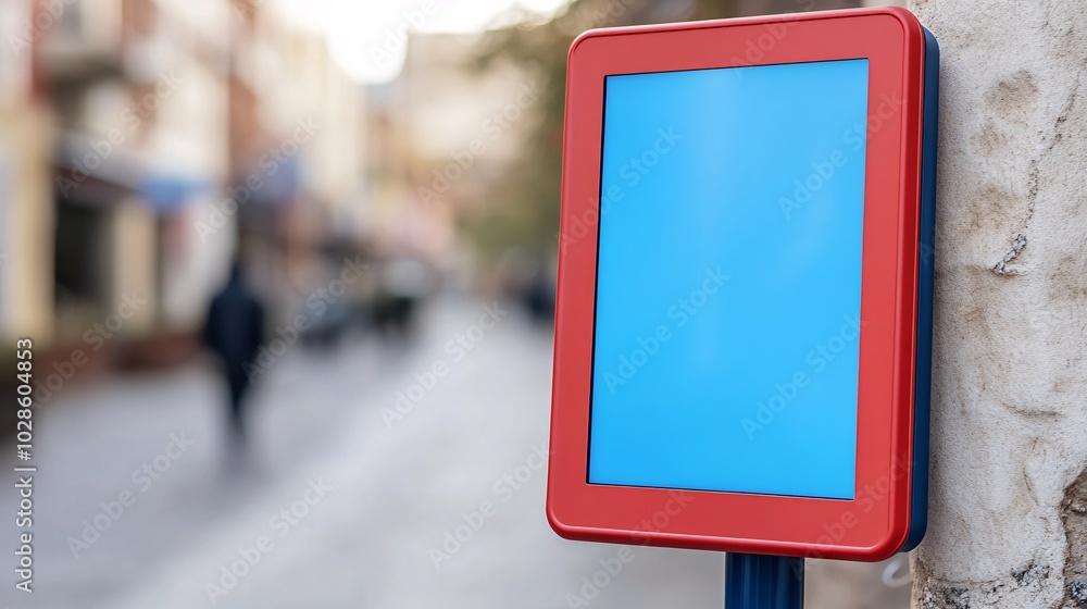 Poster Digital touchscreens for navigation and city services in an urban environment filled with skyscrapers Stock Photo with side copy space