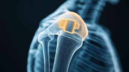 3D illustration of a human shoulder joint highlighting a metal implant or prosthesis in the joint structure, showcasing medical and anatomical design.
