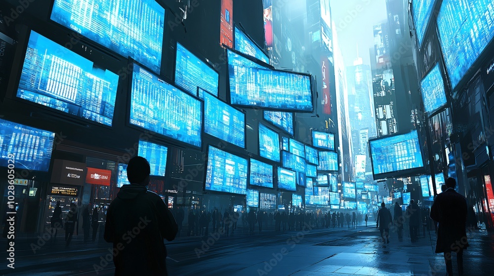 Poster Digital touchscreens for navigation and city services in an urban environment filled with skyscrapers Stock Photo with side copy space