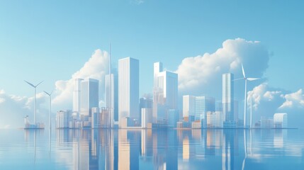 3D rendering of a modern city with green energy, wind turbines, and solar panels on buildings
