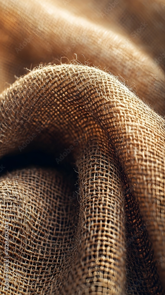 Poster close-up of a textured brown burlap fabric, showing the intricate weave and rough texture.