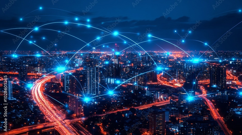 Poster Smart traffic management systems controlling city traffic flow through interconnected digital platforms Stock Photo with side copy space