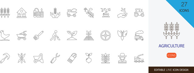 Agriculture line  icon vector  set. containing  crops, harvest, soil, apple, garden plants, agriculture tractor and more stroke art