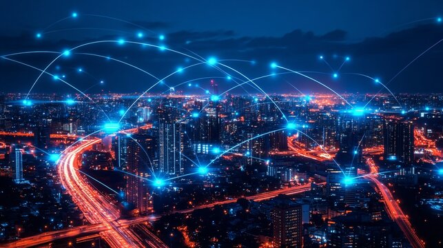 Smart traffic management systems controlling city traffic flow through interconnected digital platforms Stock Photo with side copy space