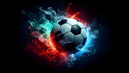 Naklejka premium digital painting of a soccer ball emitting red blue green smoke, black background