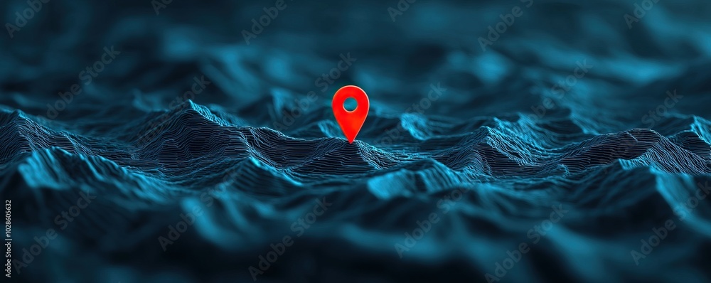 Poster conceptual digital landscape with a location pin on abstract waves of blue, symbolizing navigation a