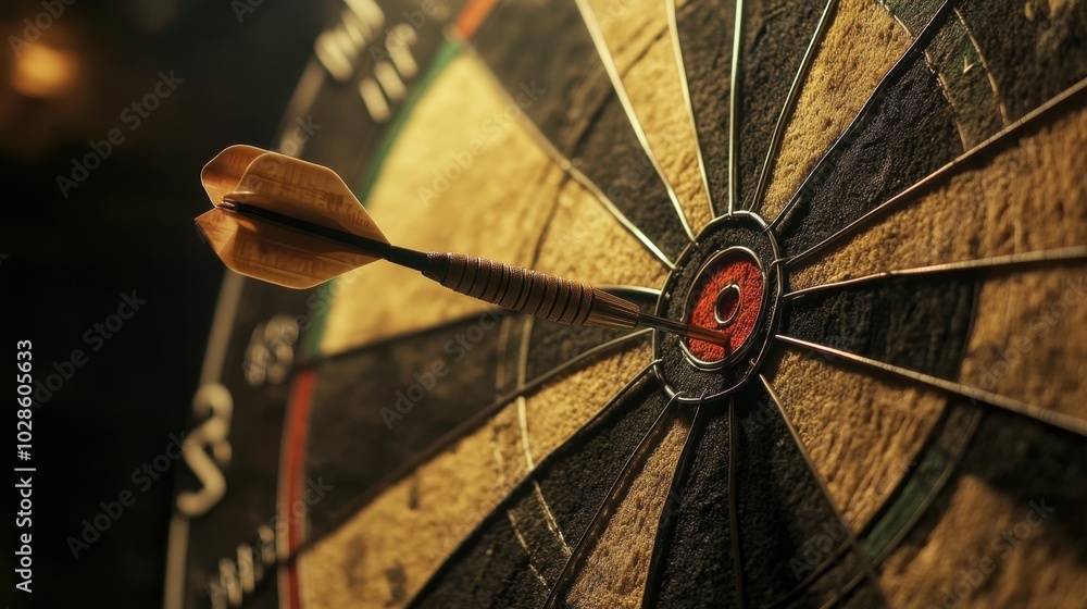 Poster a dart firmly embedded in the center of a dartboard, highlighting a perfect shot, with the dartboard
