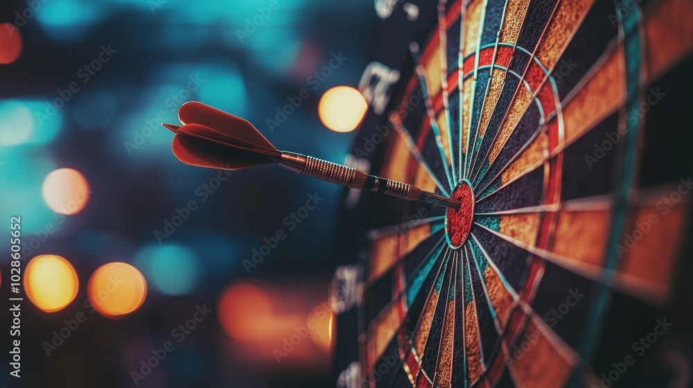 Poster a dart in mid-flight perfectly strikes the bullseye of a dartboard, symbolizing accuracy and success