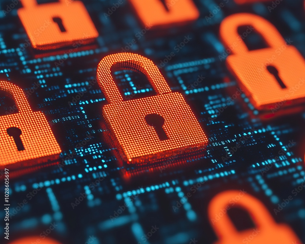 Poster digital concept of security with orange padlocks on a circuit board background, symbolizing data pro